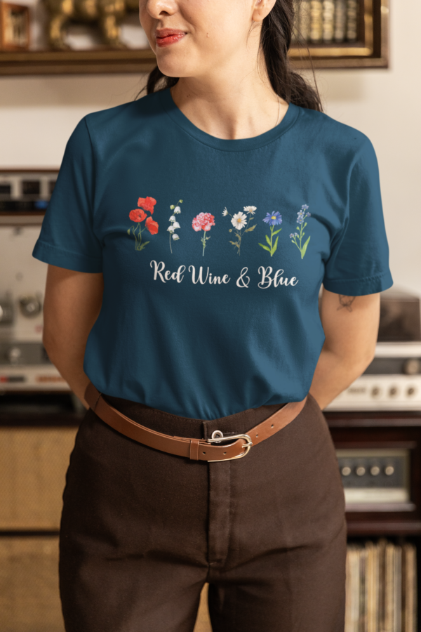 Navy Blue Women’s Regular T-Shirt – "Red, Wine and Blue" with Floral Print | Soft Cotton Tee