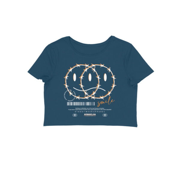 Navy Blue Crop Top for Women – "Smile" Minimal Quote | 180 GSM Cotton | Trendy Curved Fit