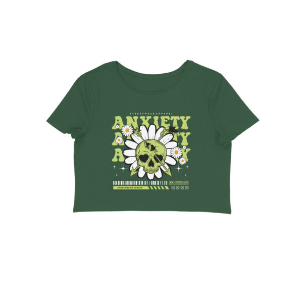 Olive Green Crop Top for Women – "Anxiety" Aesthetic Quote | 180 GSM Cotton | Curved Fit Casual Wear