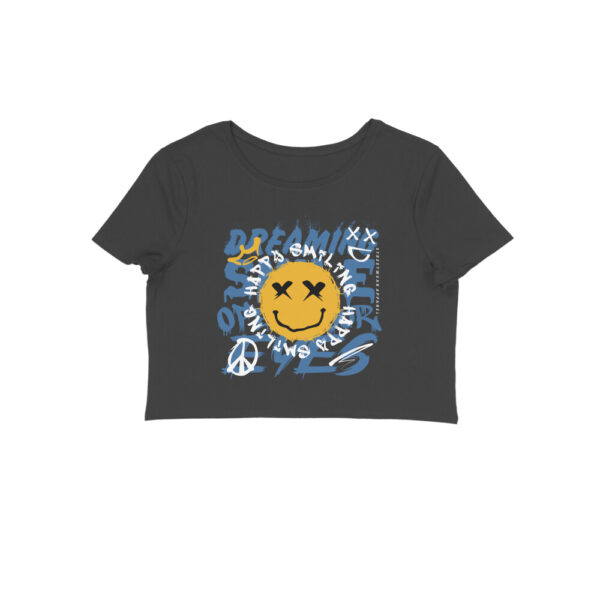 Women’s Crop Top – "Happy Smiling" Cheerful Quote | 180 GSM Cotton | Stylish Curved Fit