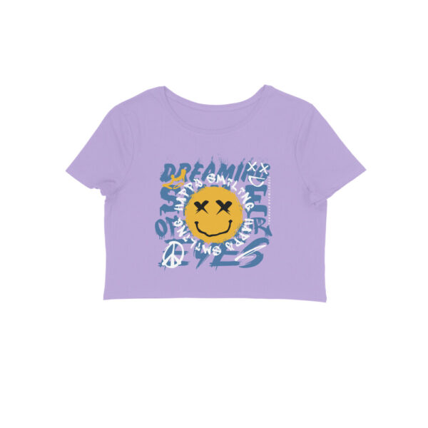 Women’s Crop Top – "Happy Smiling" Cheerful Quote | 180 GSM Cotton | Stylish Curved Fit - Image 2
