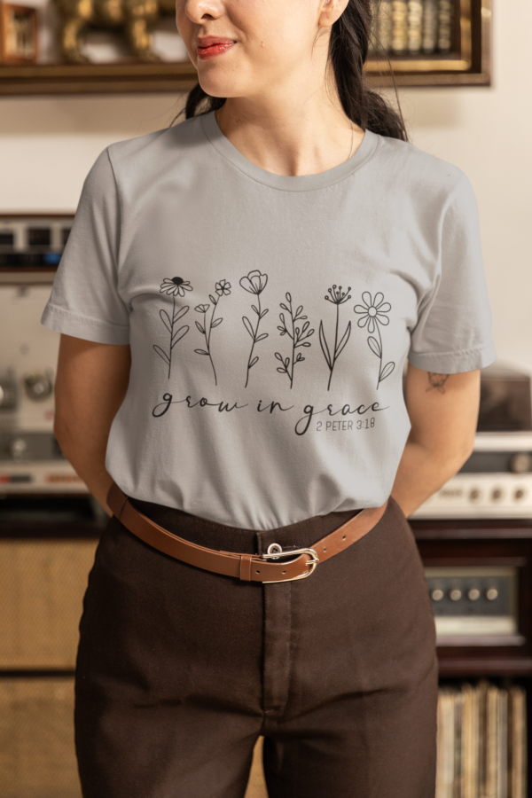 Women’s Regular Fit T-Shirt – "Grow in Grace" with Floral Stem Outline | Elegant Cotton Tee